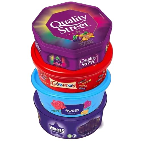Oscanoltd 4 x Chocolate Tubs ASSORTED PACK 1 EACH Of Celebrations Heroes Roses Quality Street Chocolate Sharing Tub Perfect For Any Occasion Ideal Gifts