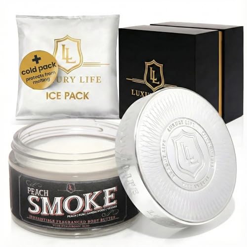LUXURY LIFE BUTTER - Irresistibly Scented Body Butter with Hyaluronic Acid for Ultimate Moisture. Luxurious Natural Fragrance. Hydrates for a Non-Greasy Glamorous Glow, Peach Smoke, 5 oz.