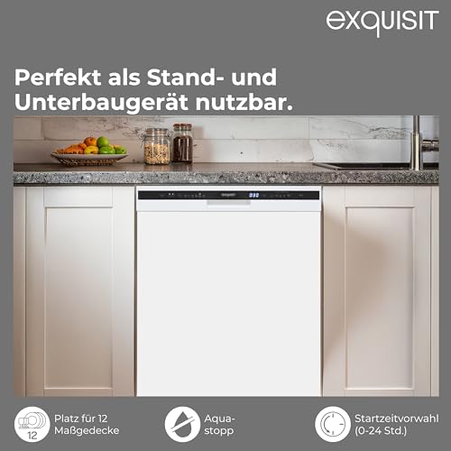 Exquisit PLUS Geschirrspüler 60 cm, 12 Maßgedecke, Unterbaufähig, Startzeitvorwahl, 11 Liter, GSP56312-030E weiss