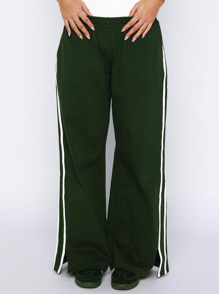 Women's Elasticated Waistband Side Pockets Double Stripe Split at Bottom Hem Wide Leg Pants - Image 4