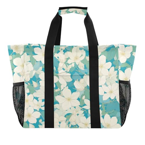 Chic White Clematis Flowers Teal Background Utility Tote Bag Collapsable Tote Bag For Beach Water Resistant Grocery Bags Reusable with Handles Travel Laundry Bags