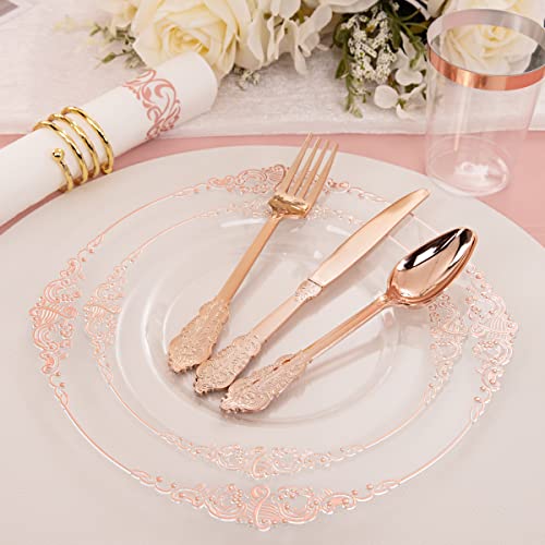 Hioasis 175Pcs Clear Rose Gold Plastic Plates - Rose Gold Disposable Plates Include 25 Dinner Plates,25 Salad Plates,25Forks,25 Knives,25 Spoons,25 Cups,25 Napkins For Wedding & Parties & Mother's Day #TOP2