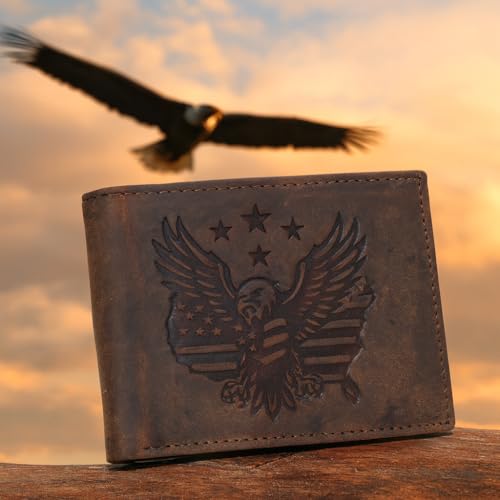 Men’s RFID Blocking Vintage Leather Patriotic Eagle & USA Flag Debossed Bifold Wallet (Brown)2