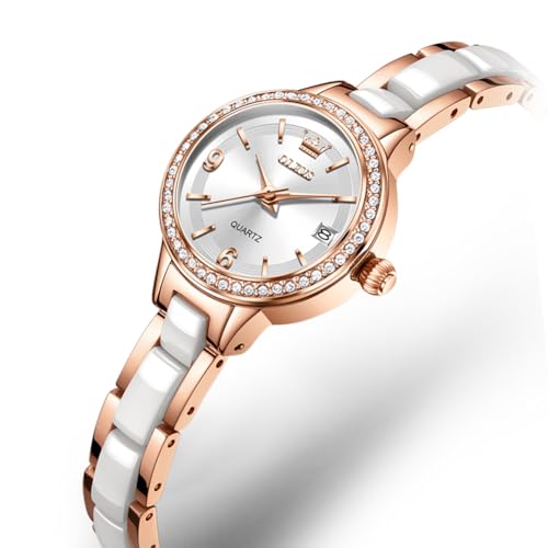 Image of OLEVS Women's Quartz Watches - Elegant Oval Diamond Dress Watch with Ceramic Band, 30M Waterproof Ladies Wrist Watch for Dress & Casual Wear (Rose Gold Blue /Red /Purple /White)