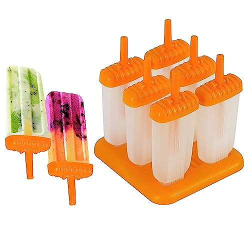 Storite 6 Pcs Ice Popsicle Moulds, Homemade Reusable Ice Cream Mold Candy Maker Kulfi Lolly Molds Tray With Sticks For Kids & Adults (Orange)