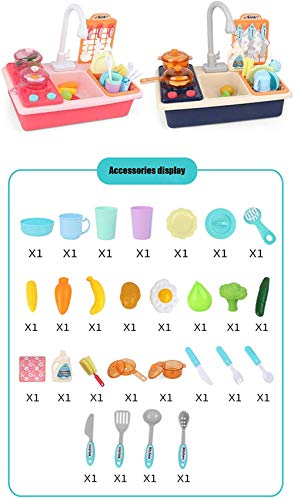 Play Kitchen Sink Toys with Automatic Faucets, Kids Kitchen Set Dishwasher with Cooking Stove, Tableware and Accessories Pretend Role Play Toys for Toddlers Boys Girls Aged 2 3 4 5 6(Blue) - Thumbnail 2