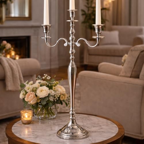 Image of Decorative Aluminum Silver Plated Three Arm Candle Holder Stand for Home Decor, Wedding, Party, DinningTable Centerpiece & Church Altar (18 inch * 7 inch * 30.5 inch)