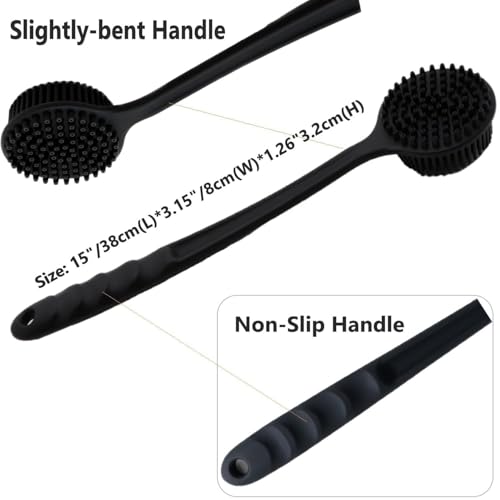 Image of Silicone Bath Brush with Long Handle - Soft Bristles Back Scrubber for Shower | Body Massage - Exfoliating Dirt Removal Brush for Men | Women (BLACK SCALP)
