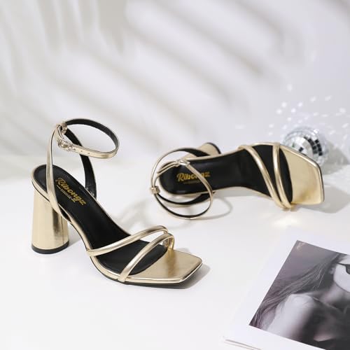 Image of RIBONGZ Block Heels Prom Heeled Sandals for Women Chunky Square Open Toe Strappy High Heels Ankle Strap Wedding Bridal Shoes High Heel Sandals for Party Dress