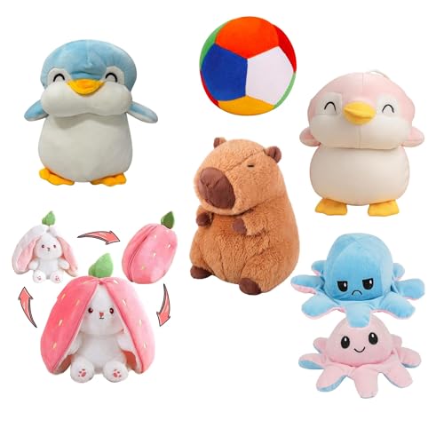 Image of EITHEO Bunny Octopus Soft Ball Capybara Penguin Blue Penguin Pink Pack 6 Soft Plush Stuffed Animals for Kids Boys Girls | Gift Set
