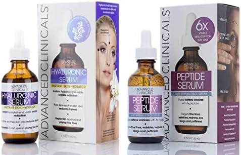 Advanced Clinicals Hyaluronic Acid Face Serum & Peptide Facial Serum Skin Care Bundle W/Collagen Skincare Set. Hydrating Serums For Wrinkles, Dry Skin, Fine Lines, 1.75 Fl Oz (Set of 2)