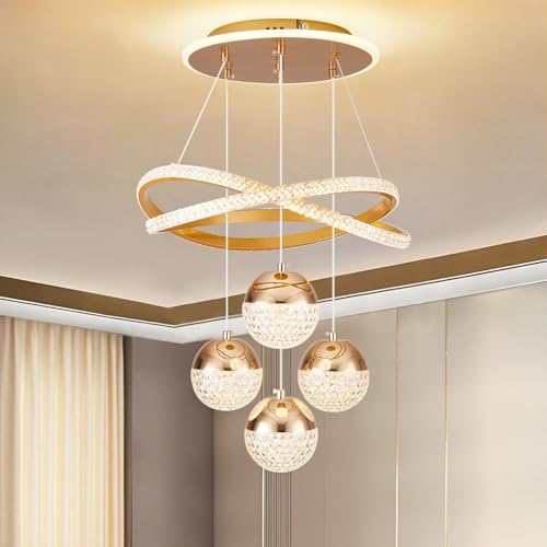 Lustre Pendente para Sala e Quarto | Luminaria Pendente Sala Jantar LED Lustre Linear Contemporâneo 4 Luzes, Metal com Dimerização e 3 Temperaturas de Cor (Ouro)