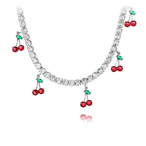 Butterfly Cherry Necklace Tennis Chain Butterfly Collar Choker, 2 Layered Bling Iced Cubic Shiny Rhinestone Big Butterfly Pendant, Crystal Sparkly Jewelry for Women (Silver)