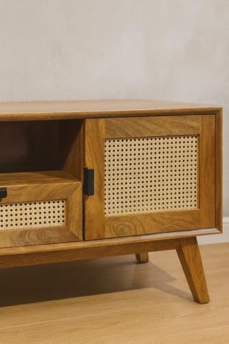 Image of Premium Solid Wood Mid Century Entertainment Center TV Stand for 65 inch TV with Aesthetic Rattan Doors and Drawer, 10 Minutes Assembly (Legs Only), Dark Chocolate Light Honey, for Living Room