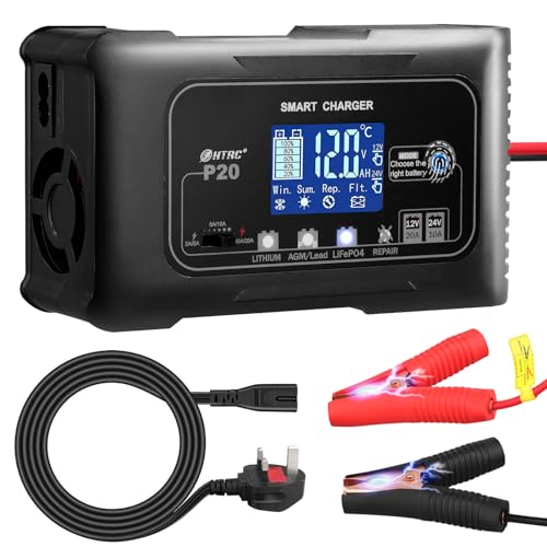 20-Amp LiFePO4 Battery Charger, 12V/24V Smart Car Battery Charger, Trickle Charger and Battery Desulfator, Portable Battery Maintainer, Lithium Batteries, for Car Boat Lawn Mower Motorcycle Truck