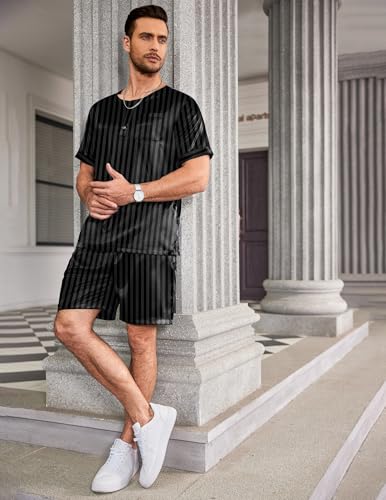 Image of Ekouaer Mens Pajamas Set Silk Satin Pjs Sets Summer Short Sleeve Button Down Sleepwear 2 Piece Loungewear with Pockets