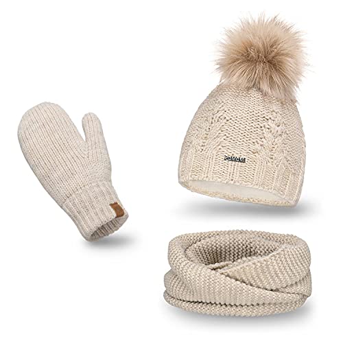 Pamami Conjunto de invierno de 3 piezas con gorro + Loop + guantes | Circunferencia de la cabeza 55-58 cm | Gorro de invierno con forro polar transpirable | Juego de punto para mujer