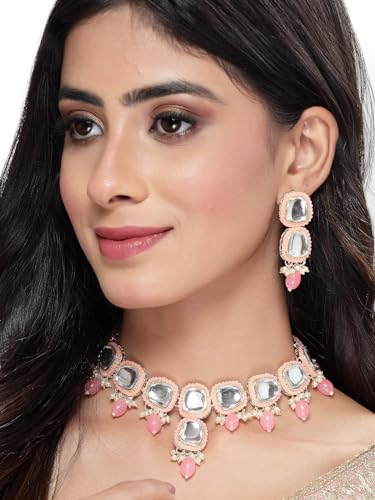 Kundan Studded Collar Bone Necklace Set With Earrings