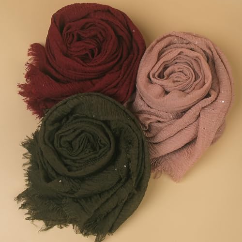 3PCS Gauze Cotton Sequins Scarf Shawl Crinkle Soft Headwraps Muslim Hijab2