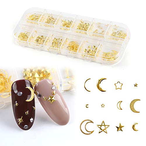 12 Grids Different Shapes Gold Metal Nail Art Studs Star Moon Hollow Rivets Stud for Nail Decoration Manicure Nail Art Tools