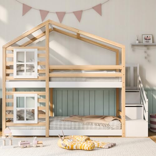 Casa En El Árbol 90X200 Cama Infantil Cama De Casita Con Almacenaje Y Protección Contra Caídas Cama Alta Con Escalera Litera Con 2 Somieres Cama Juvenil Para Niños Jóvenes Cama En El Suelo Naturaleza
