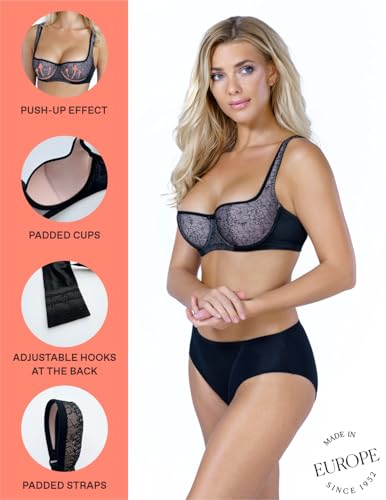 Image of Rosme Women's Balconette Bra with Push Up Effect Plus Size Sexy Lace Demi Half Cup Bra Underwired Low Cut Mesh Bras Grand