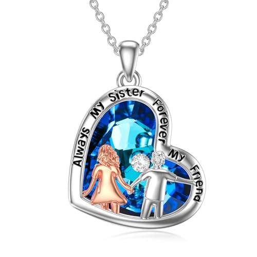 WINNICACA Brother Sister Necklace Sterling Silver Heart Crystal Gifts From Brother Always My Sisters Forever My Friend Jewelry Gifts for Birthday