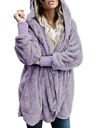 Image of Dokotoo Womens 2025 Winter Long Sleeve Solid Fuzzy Fleece Open Front Hooded Cardigans Jacket Coats Outerwear with Pocket
