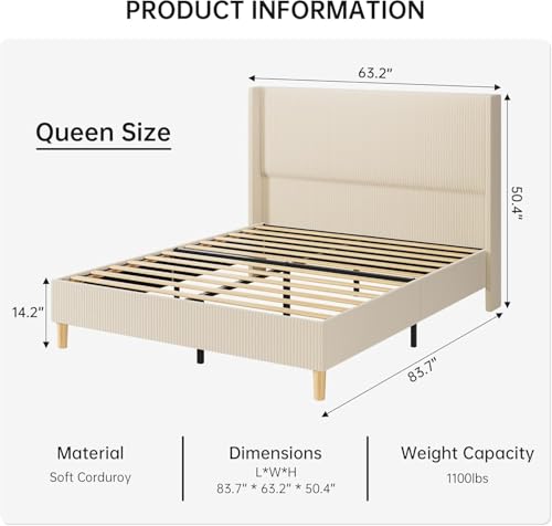GarveeHome Queen Bed Frame, Upholstered Platform Corduroy Bed Frame with Vertical Channel Tufted Wingback Headboard, Strong Wooden Slats, No Box Spring Needed, Easy Assembly, Creamy Beige