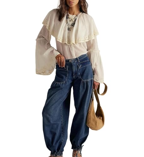 Womens Lotus Tube Jeans - Casual Loose Wide Leg Ruffle Pleated Jeans Baggy Barrel Denim Pants