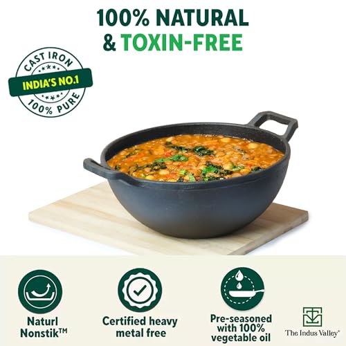 The Indus Valley Pre-Seasoned Cast Iron Kadai with Curved Handle | Medium, 25cm/9.8inch, 3.2Ltr, 3.3kg | Induction Friendly | Naturally Nonstick... - Image 6