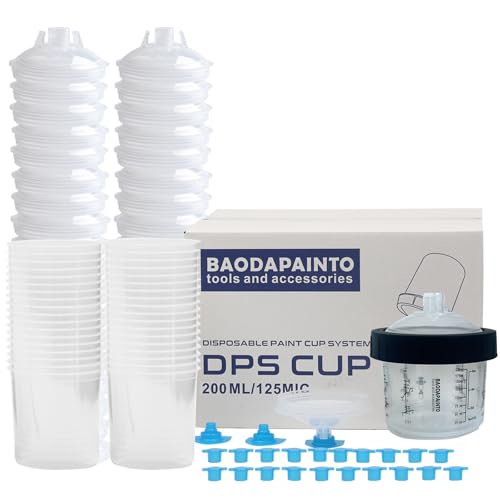 Image of Disposable Paint Spray Gun Cup, Paint Mixing Cups System for HVLP and LVLP Paint Spray Gun, 6 Ounce (200ML) Kit, 50 Cups Liners and Lids System, 1 Hard Cup, 1 Collar with 20 Plugs