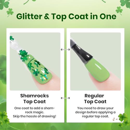 Image of Beetles Shamrock Gel Top Coat, Clover Glitter Top Coat Gel Nail Polish with Four-Leaf Clover Sequins Overlay No Wipe Shine Finish Long Lasting Soak Off U v Lamp Nail Art Design Manicure Diy at Home