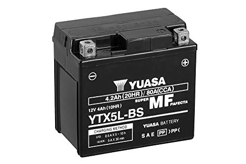 Batería moto Yuasa YTX5L BS   Sin mantenimiento   12 V 4 Ah   Dimensiones: 114 x 71 x 106 mm compatible con YAMAHA XC50, D 50 2004