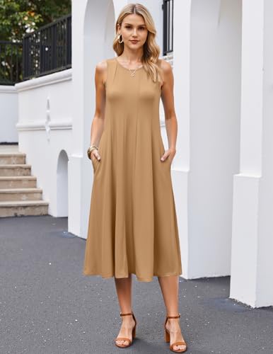 Image of HOTOUCH Summer Casual Dresses for Women Sleeveless Midi Dress Swing Tank Sundress Pleated Tshirt Dress with Pockets
