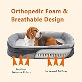 HMTOPE Orthopädisches Hundebett, Hundesofa, Vierseitiges Nackenrolle Kissen, rutschfeste Unterseite Hundekorb, Abnehmbar und Waschbar, Kleine Hunde, Mittelgroße Hunde, 90 x 71 x 15 cm, Hellgrau