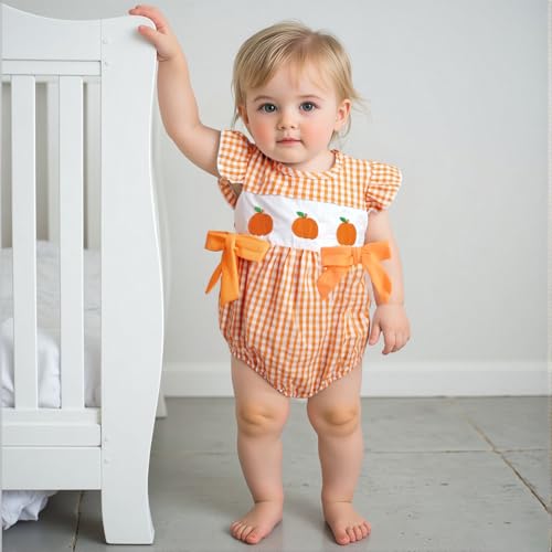 KMBANGI Infant Newborn Baby Girl Pumpkin Smocked Romper Flutter Sleeve Plaid Bow Onesie Bodysuit Baby Halloween Clothes 0-18M3