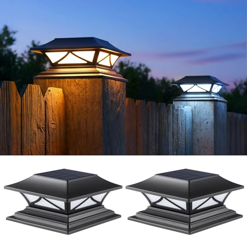 PASAMIC 2 Pack Solar Post Cap Lights, Waterproof Outdoor Lights for 4x4 5x5 6x6 Wood Posts, Fence Post Solar Lights with 2 Color Modes for Garden, Deck, Patio, Porch, Fence