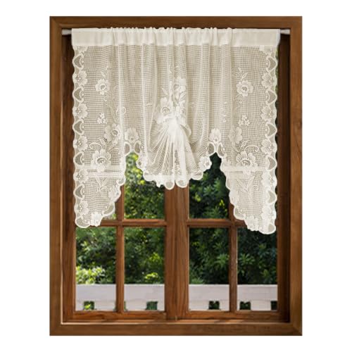 Jayla Beige Semi-Sheer Floral Lace Curtain Swag for Kitchen Half Window Bathroom Decoration Rod Pocket,39 x 39 Inch, 1 Panel
