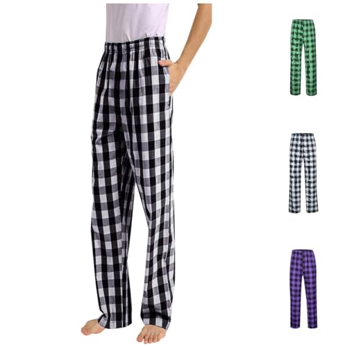 GAHIEDIM Mens Pajama Pants,Mens Pajama Pants Soft Pockets Elastic Waistband Drawstring Flannel Plaid Heavyweight Cotton Bottoms Sleepwear Black Large