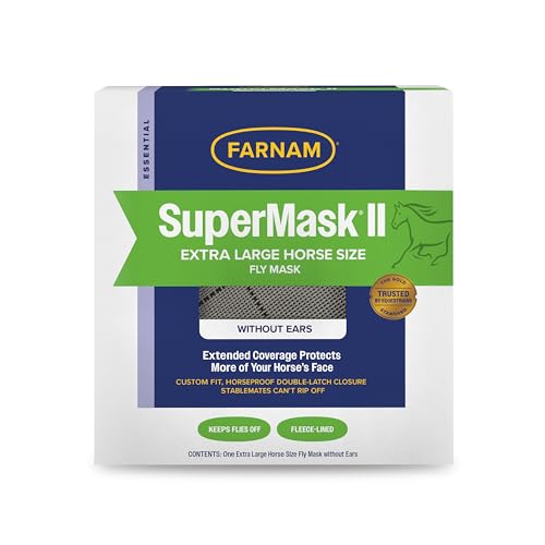 Farnam SuperMask II Fly Mask Without Ears for Larger Horses, Full Face Coverage and Eye Protection from Insect Pests, Structured Classic Styling Mesh with Plush Trim, XL Size
