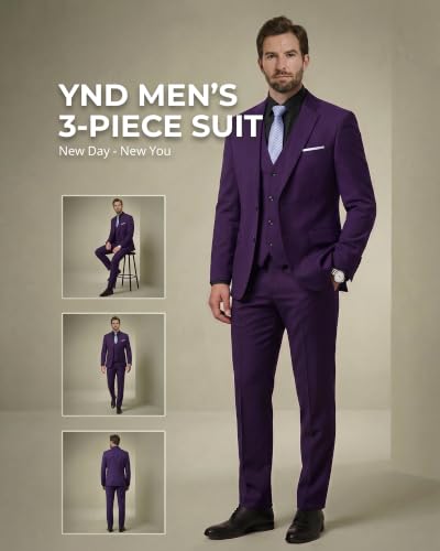 Image of YND Men's 3 Piece Suit with Tie, Solid Color Slim Fit Jacket Vest and Pants