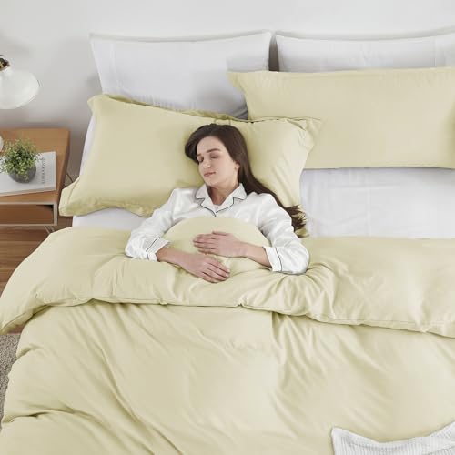 Image of Hearth & Harbor Vanilla Yellow Duvet Cover King Size, 3 Piece Bedding Set | Soft Double Brushed Bedding Set, Button Closure, 1 Duvet Cover 104x90 Inches, 2 Pillow Shams