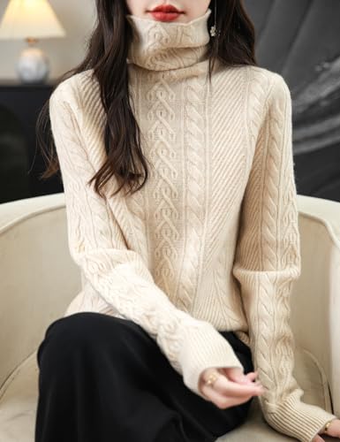Women's 100% Merino Wool Turtleneck Sweater 2025 Fall Winter Long Sleeve Solid Cable Knitted Pullover Sweater2