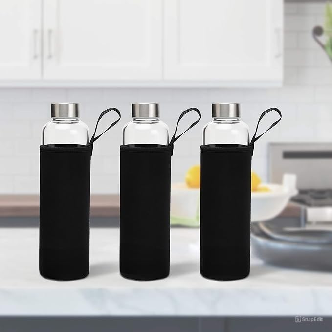 Image of SIMPARTE Borosilicate GlassWater Bottles 500ml with Sleeve - Set of 3 | Easy to Clean, Leak-Proof, Freezer Safe | Stainless Steel Cap | Ideal for School, Gym, Office