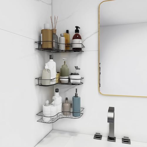 Image of HOUZA Bathroom Corner Rack - Self Adhesive, No Drilling Required, Metal Rack for Shower, Kitchen or Toilet Area - Space Saving (Pack of 3)