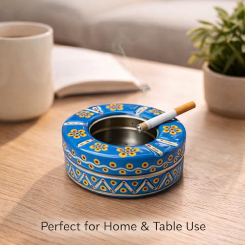 Image of iHandikart Handpainted Ash Tray 4x2 Inch | Metal Ashtray for Home, Table & Car Use | Multicolour Decorative Ashtray | Handmade Smoking Accessories for Indoor & Outdoor Use(Blue)