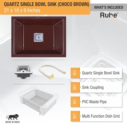 Image of Ruhe Quartz Single Bowl 21X18X9 Inches Matt Kitchen Sink | Choco Brown Non-Fading Colour With Uv Protection | Natural Stone Quartz /Granite Sink With Sink Coupling, Waste Pipe & Strainer Basket
