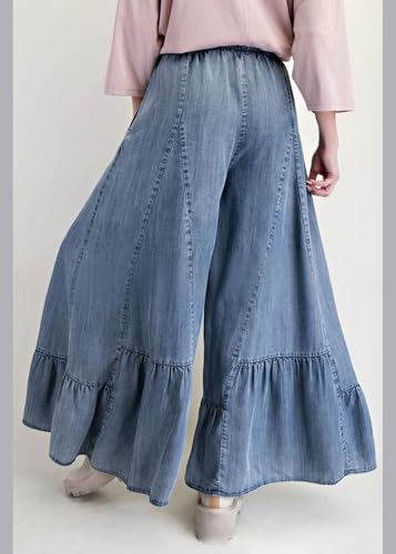 CHARTOU Women Wide Leg Baggy Patchwork Jeans Flowy Palazzo Ruffle Denim Flare Pants with Pockets4