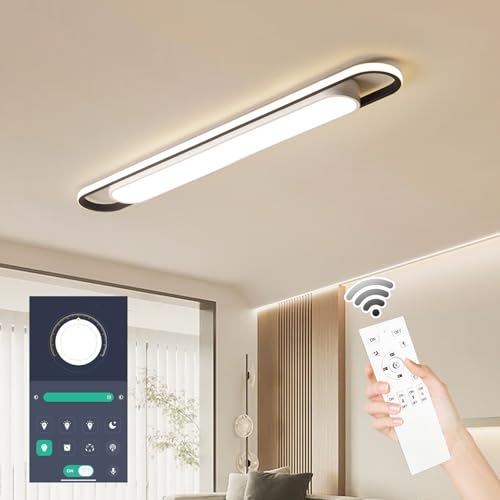 4Ft Modern Smart LED Linear Ceiling Lights Dimmable LED Ceiling Lamp with Remote Control,65W Metal/Acrylic Flush Mount Ceiling Lighting Fixtures for Kitchen Living Room Kitchen Dining Room (48